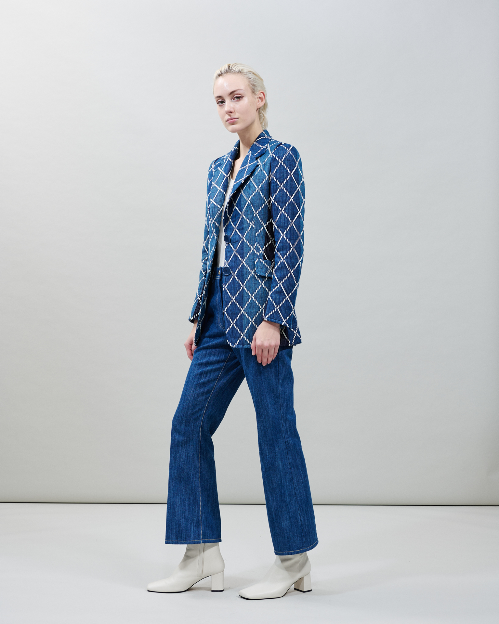 Designer Langer Baumwoll-Blazer mit Diamant-Jacquard - Blau - Bunt 