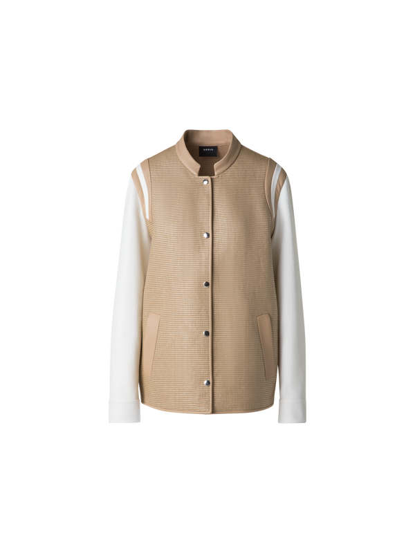 Designer Jacke aus Baumwoll-Raffia und Leder - Bunt - Beige