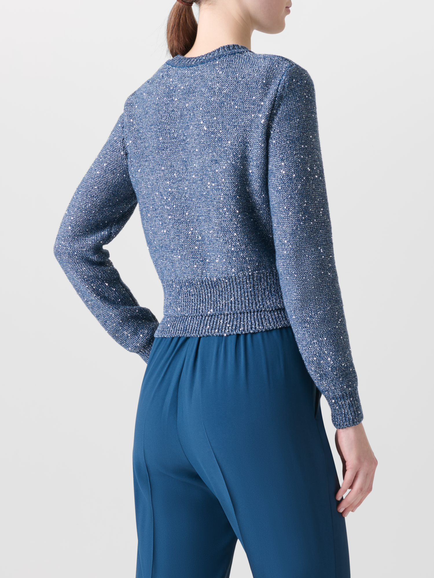 Designer Leinen-Baumwoll-Cardigan mit Mikropailletten - Blau 
