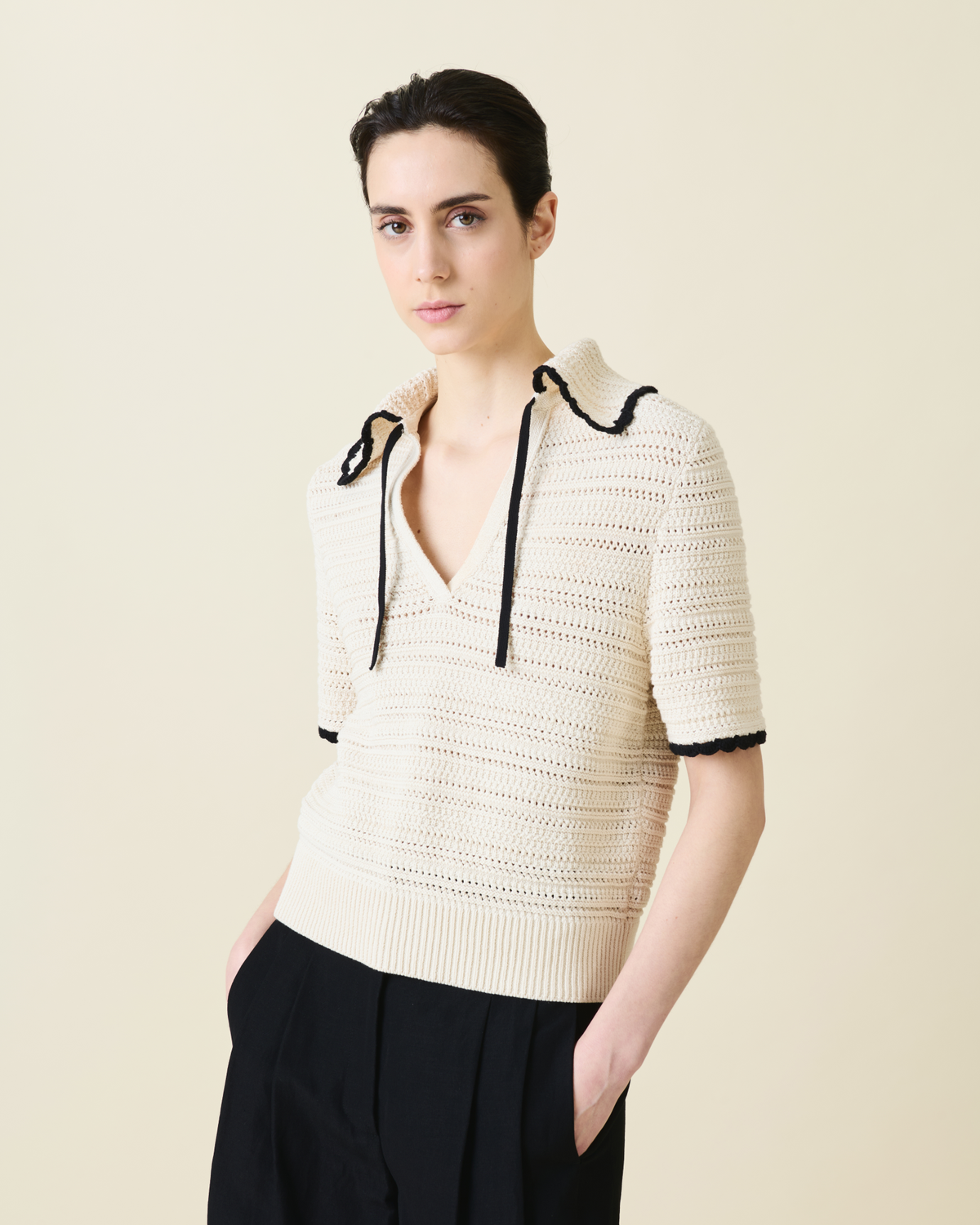 Designer Grob gestricktes Shirt mit Kontrastbündchen - Bunt - Beige #editorial