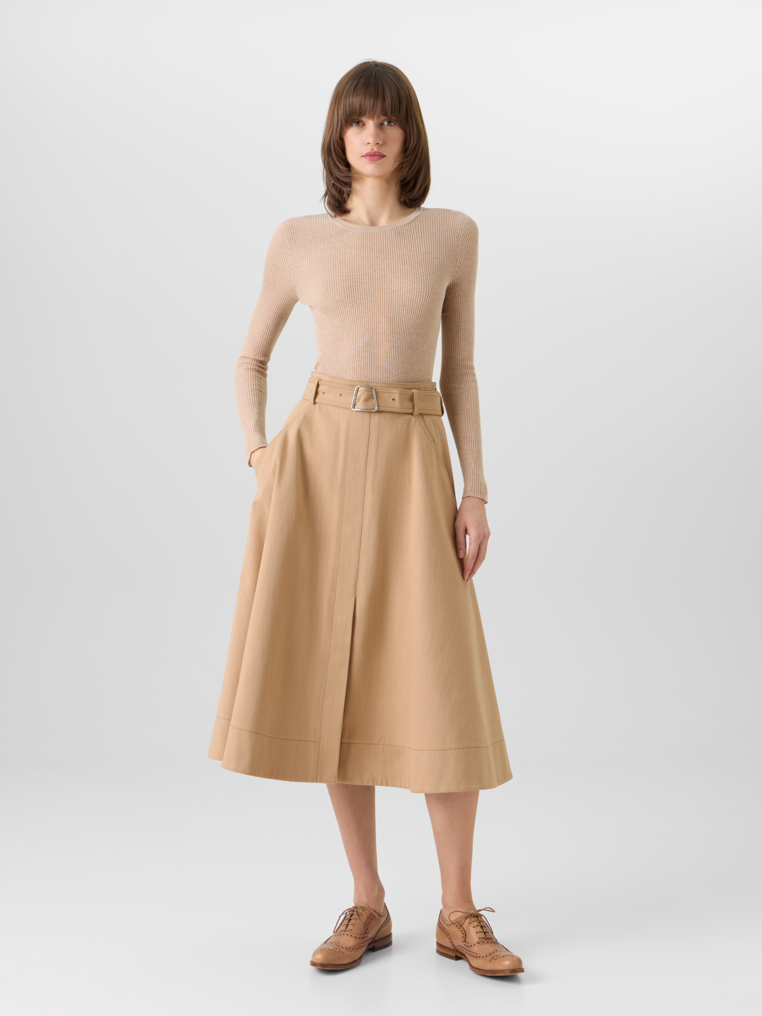 Designer Midirock aus Stretch-Baumwoll-Denim - Beige 