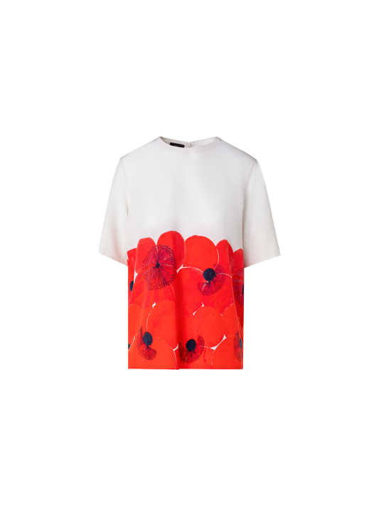 Designer T-Shirt-Bluse aus Seide mit Poppy Druck - Rot