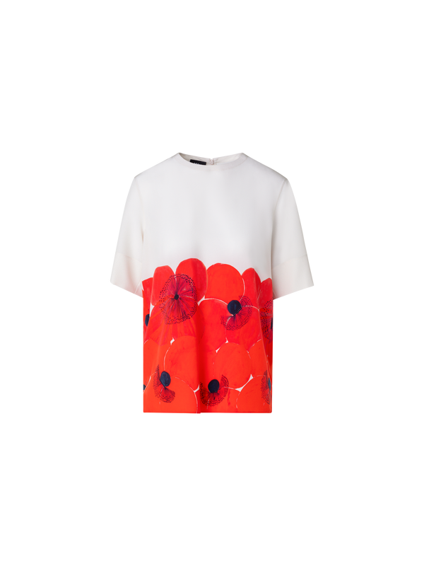 Designer T-Shirt-Bluse aus Seide mit Poppy Druck - Rot