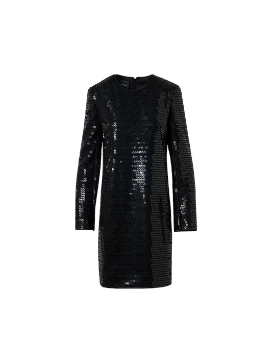 Designer Cocktail Etuikleid in Stab Pailletten auf Seiden Chiffon - Schwarz