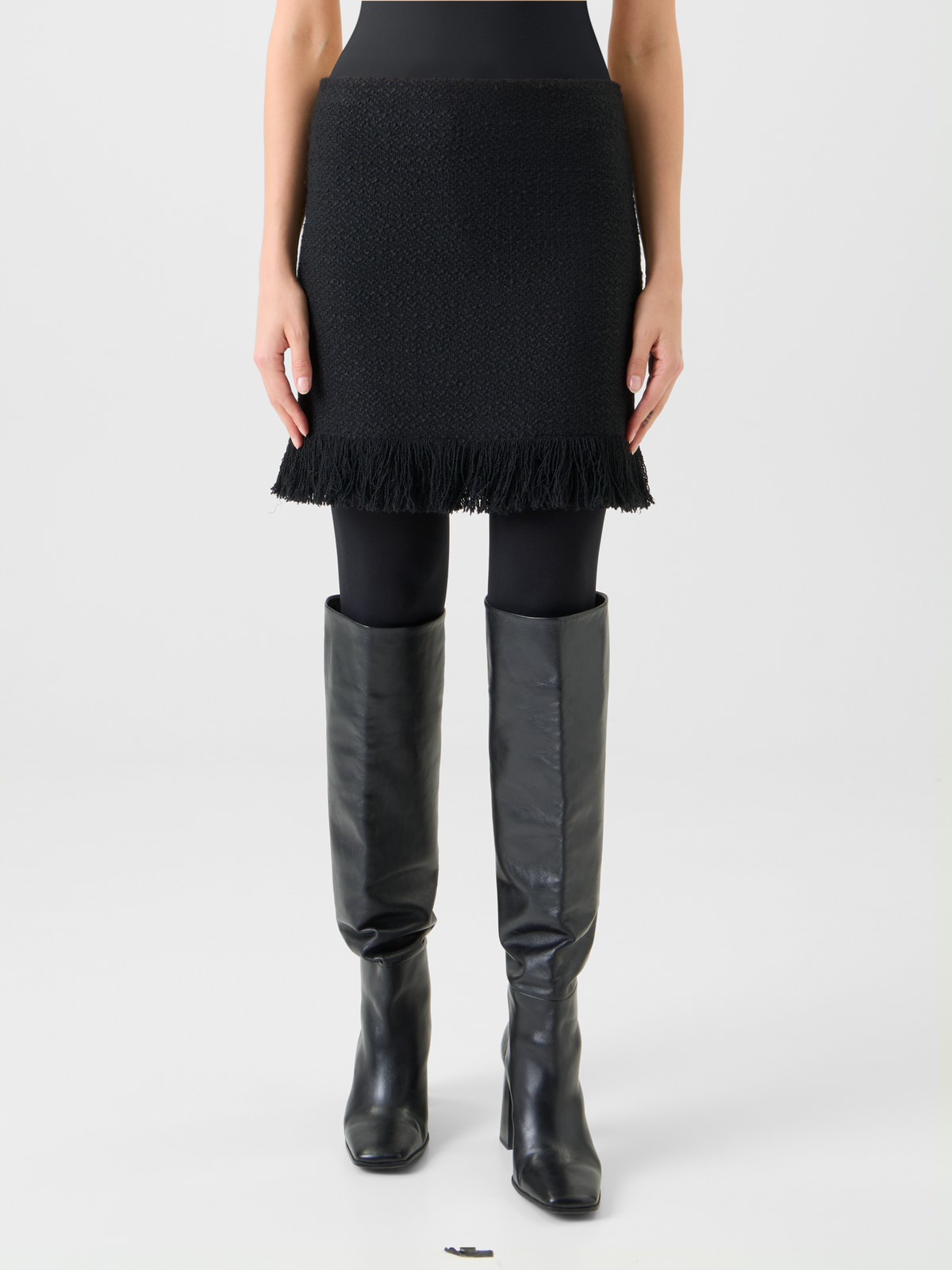 Designer Tweed Bouclé Fransen Saum Minirock - Schwarz #editorial