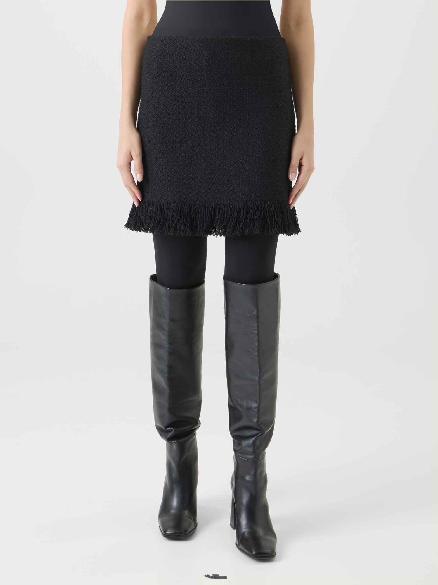 Designer Tweed Bouclé Fransen Saum Minirock - Schwarz 