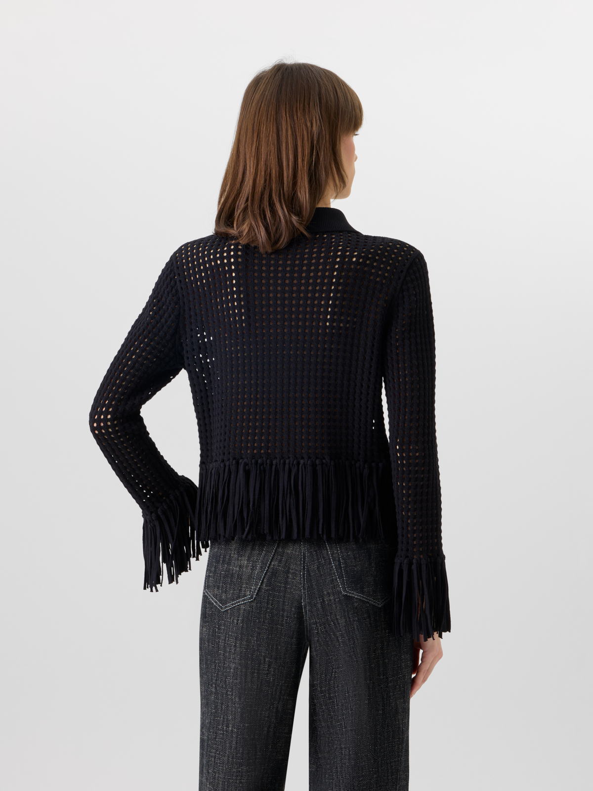 Designer Langärmelige, kurze Strickjacke aus grobem Baumwoll-Mesh - Schwarz #editorial