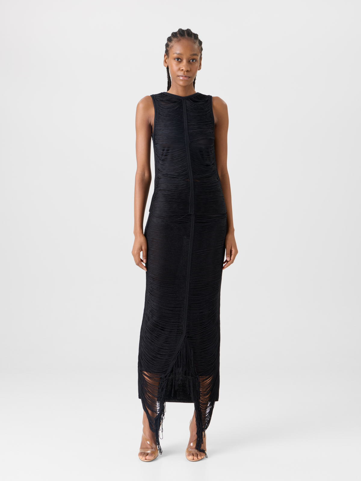 Designer Taillierter Seidenstrick-Bleistiftrock mit Fransendrapierung - Schwarz #editorial