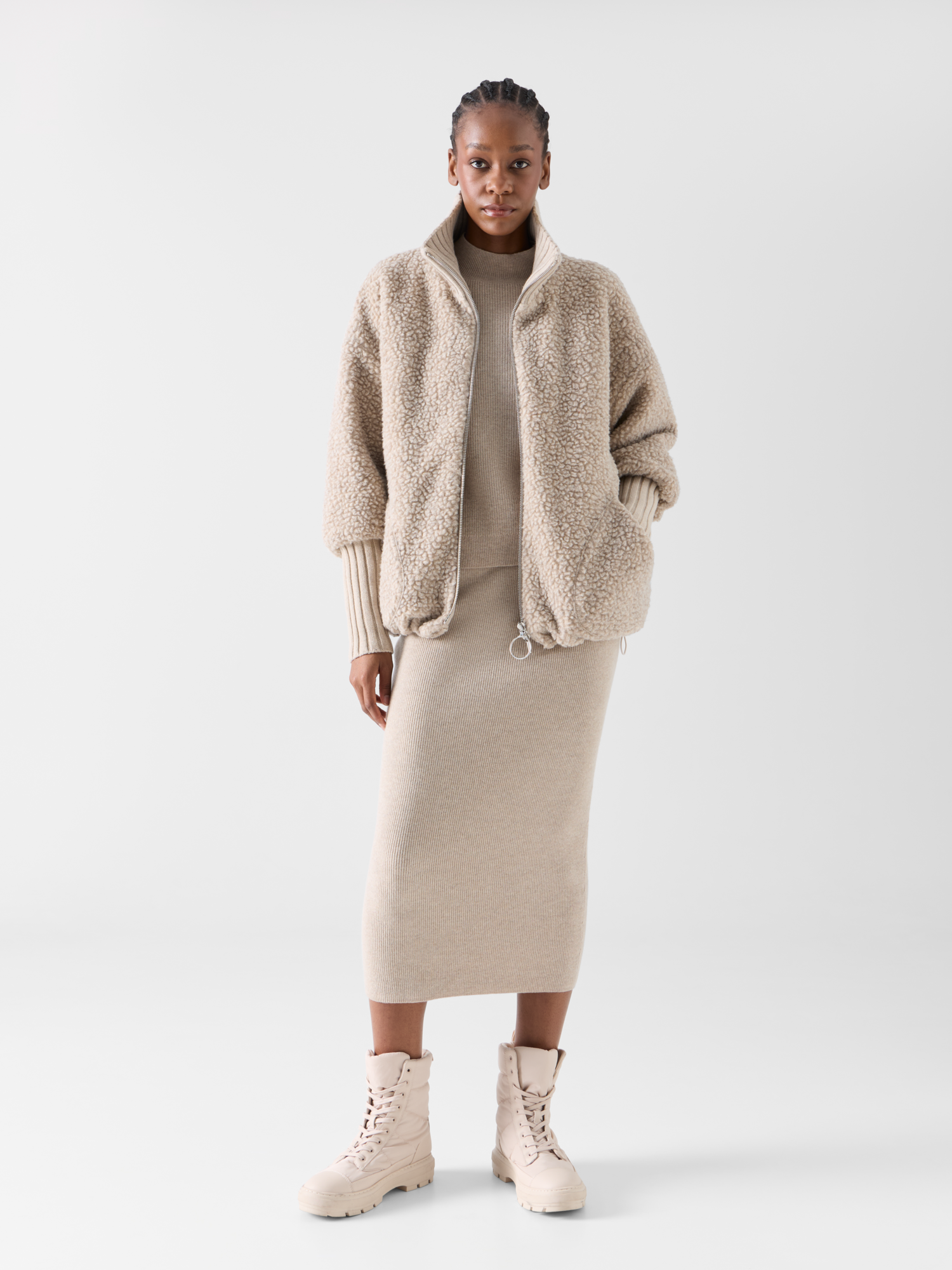 Designer Gesteppte Fleece-Bouclé-Jacke mit hohen Bündchen - Beige 