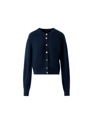 Designer Kaschmir Rippenstrick Cardigan mit Goldknöpfen - Dunkelblau - Blau