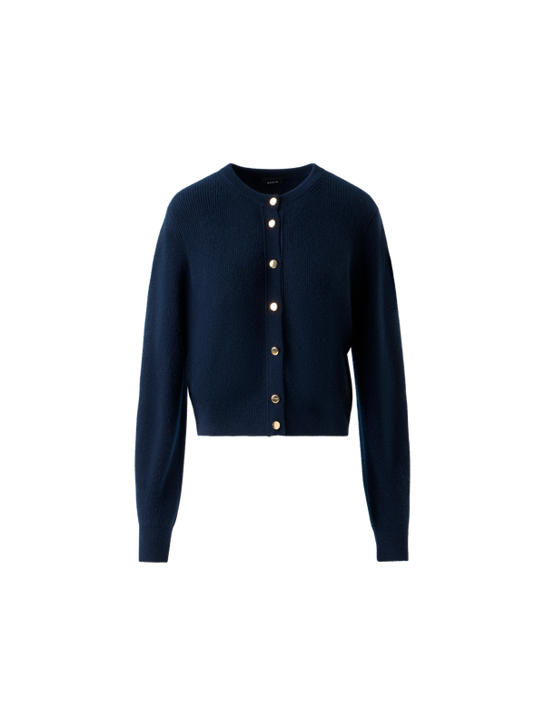 Designer Kaschmir Rippenstrick Cardigan mit Goldknöpfen - Dunkelblau - Blau