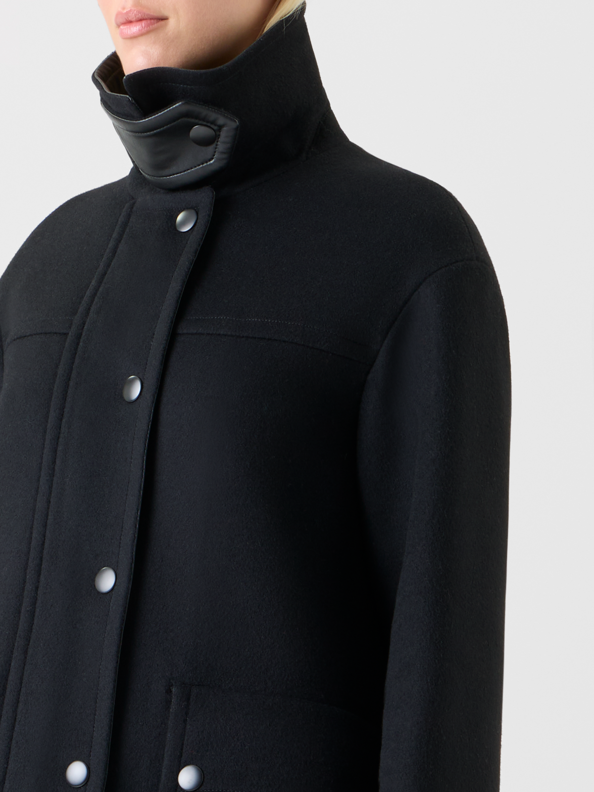 Designer Gewalkte Woll-Jacke  mit Lederimitat Kragen - Schwarz #editorial