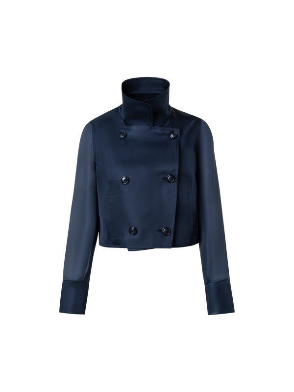 Designer Kurze zweireihige Jacke aus Seiden-Organza - Dunkelblau - Blau