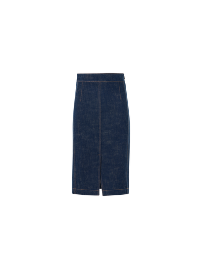 Designer Bleistiftrock aus Winter-Denim mit hohem Bund - Dunkelblau - Blau