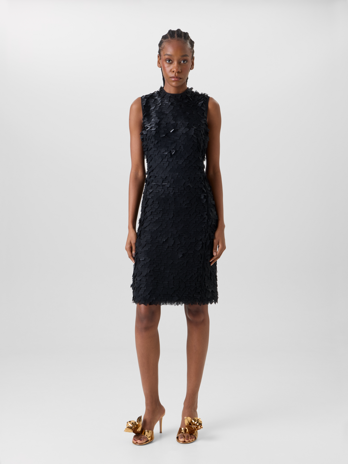 Designer Ärmelloses Etuikleid in Layered Organza Tiles - Schwarz 