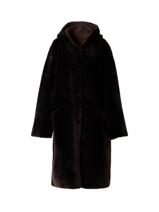 Designer Wendbarer Oversize-Shearling-Mantel mit Kapuze - Braun