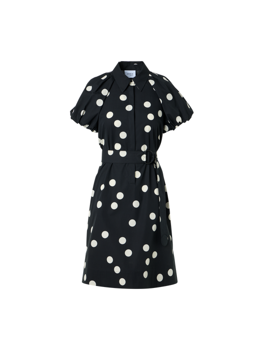 Designer Baumwoll-Hemdblusenkleid mit Puffärmeln und Polka-Dots - Schwarz