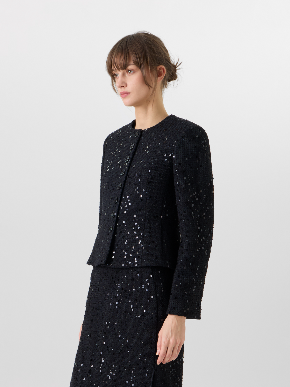Designer Kelis Jacke aus Baumwoll-Wolle-Tweed mit Pailletten - Schwarz #editorial
