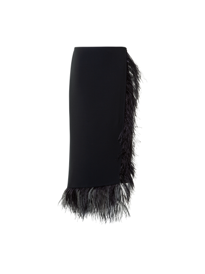 Designer Asymmetrischer Woll Midirock mit Federbesatz - Schwarz