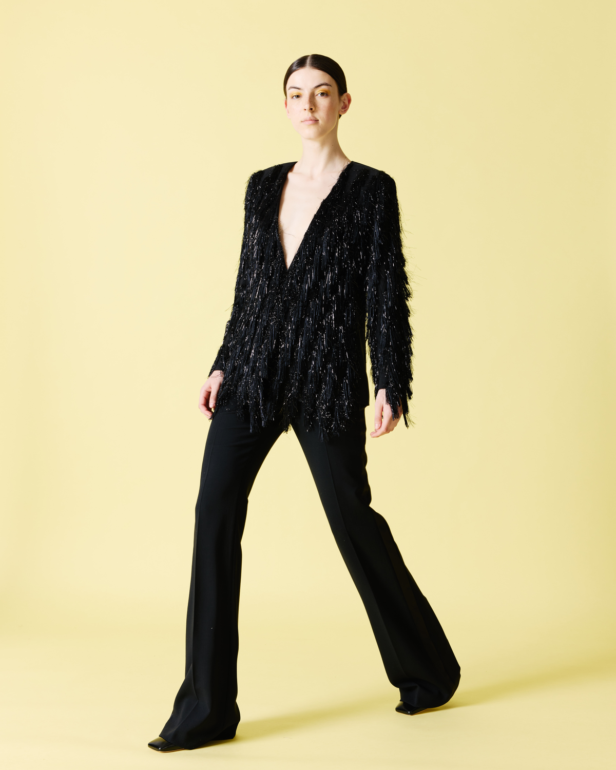 Designer Schlaghose aus Woll-Doubleface mit Satinsteifen - Schwarz #editorial