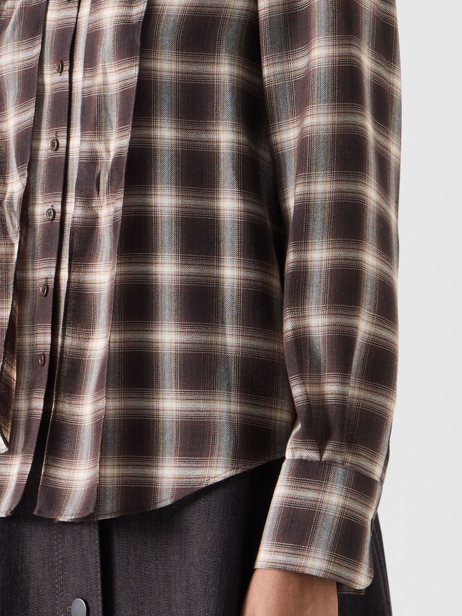 Designer Karierte Bluse in Woll-Shelley mit Schleifenkragen - Braun - Bunt 