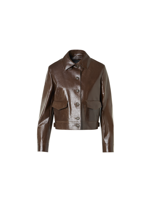 Designer Kurze Jacke aus Lack-Leder - Braun