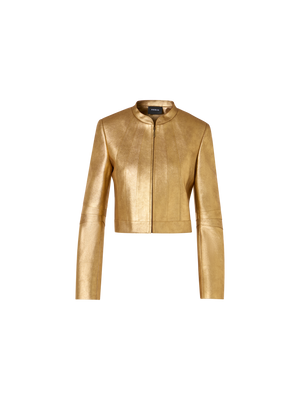 Designer Kurze taillierte Jacke aus Lamé-Kalb-Nappaleder - Gold
