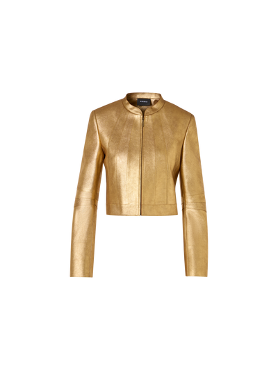 Designer Kurze taillierte Jacke aus Lamé-Kalb-Nappaleder - Gold
