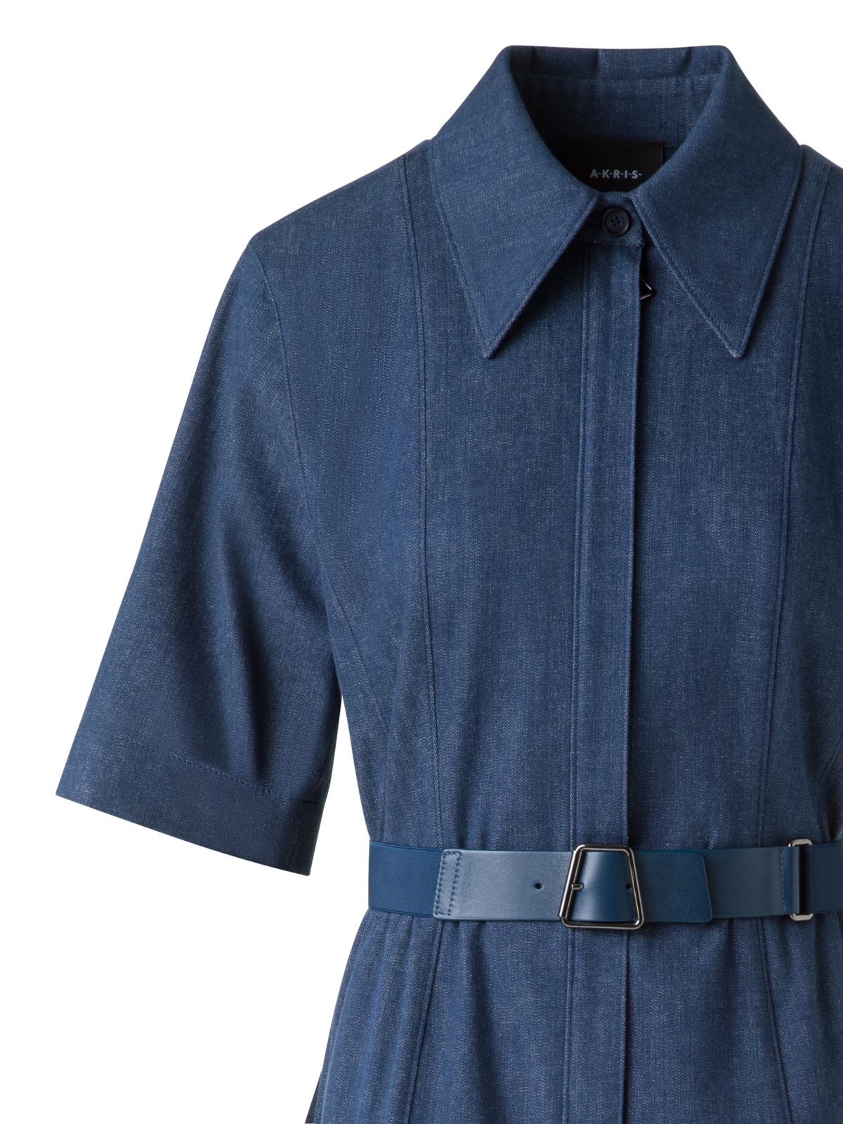 Designer Kurzarm-Hemdkleid aus Baumwoll-Denim - Blau