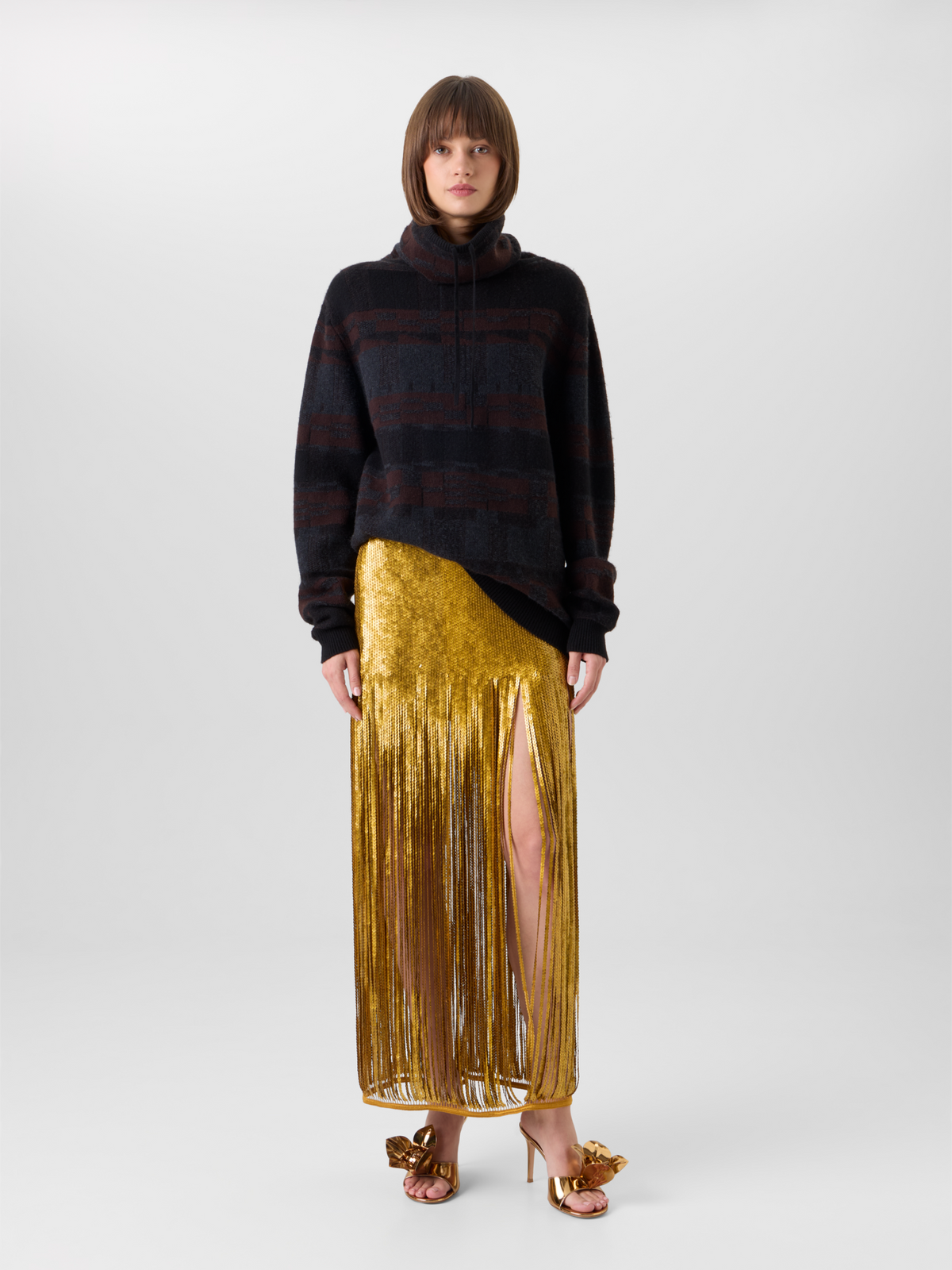 Designer Midirock mit Paillettenfransen - Gold 