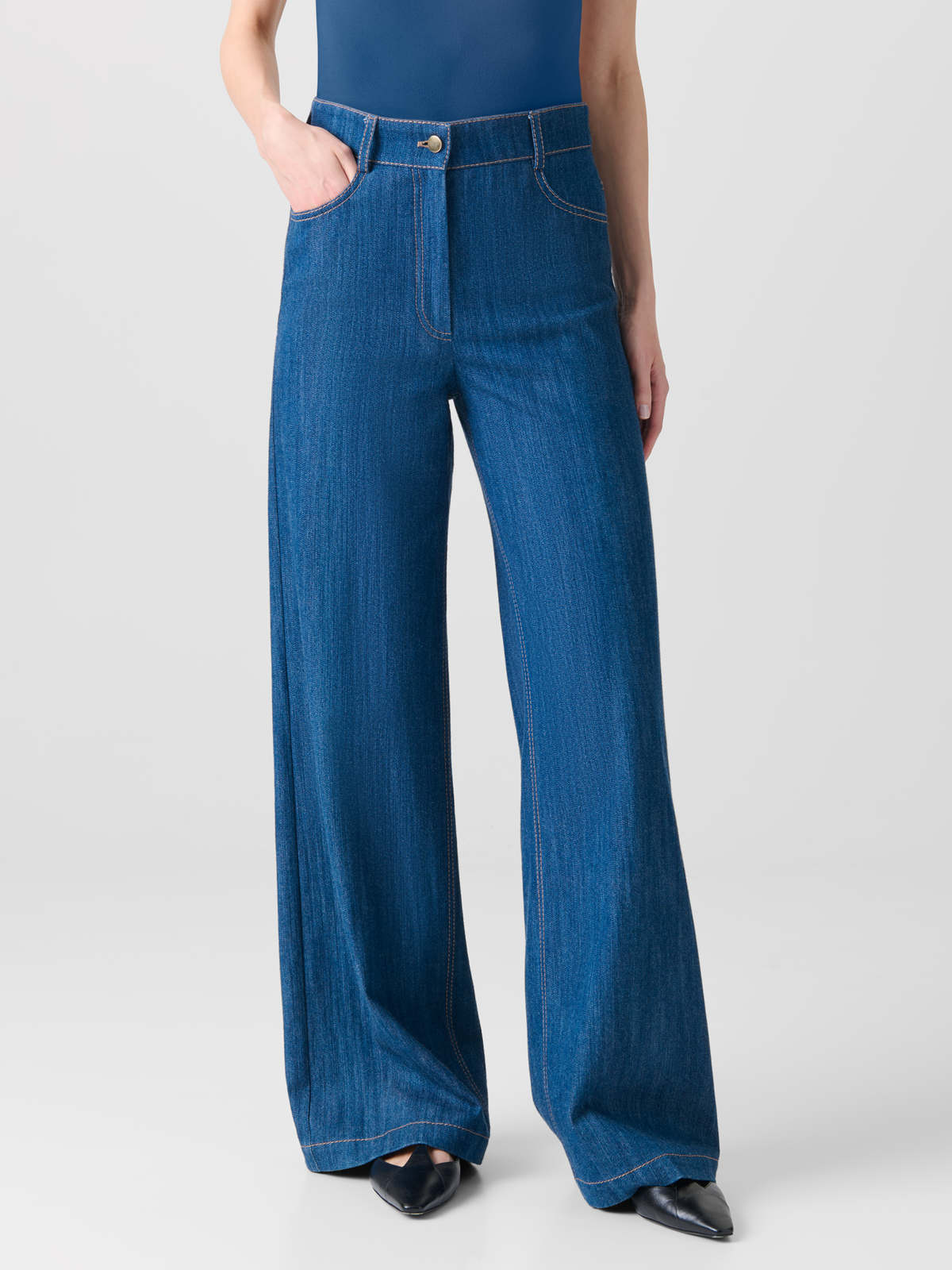 Designer Weite Hose aus Baumwoll-Denim-Stretch - Blau #editorial