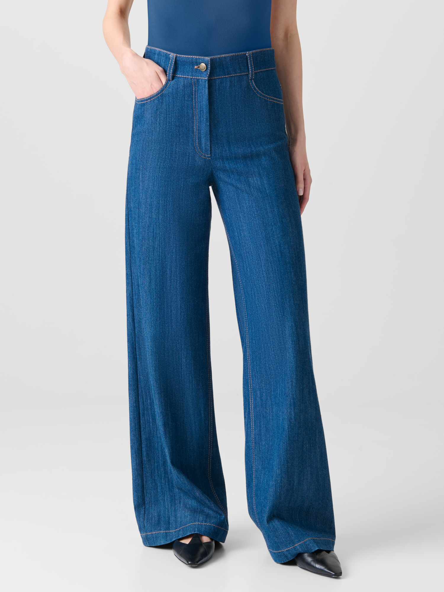 Designer Weite Hose aus Baumwoll-Denim-Stretch - Blau 