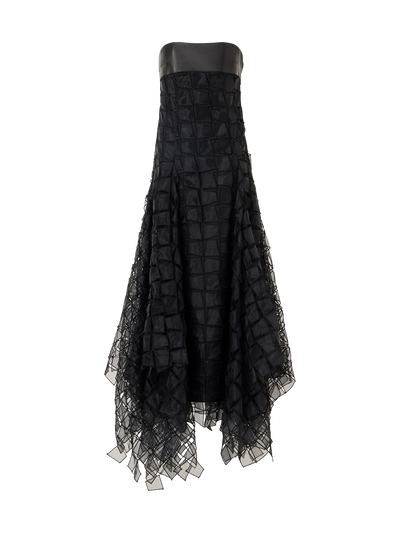 Designer Trägerloses Abendkleid mit Trapez-Stickerei aus Organza - Schwarz