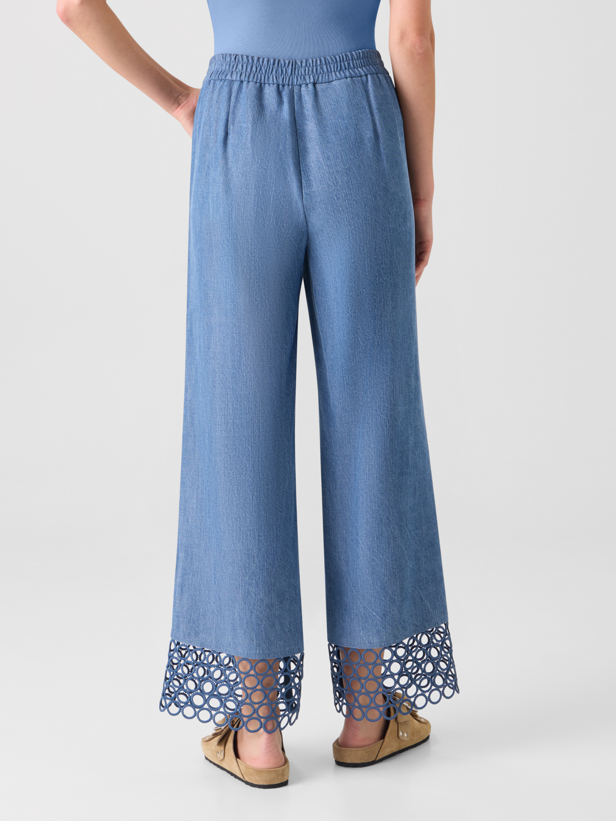 Designer Marlon Cropped Denim Hose mit hoher Taille und Ösen-Guipure - Blau