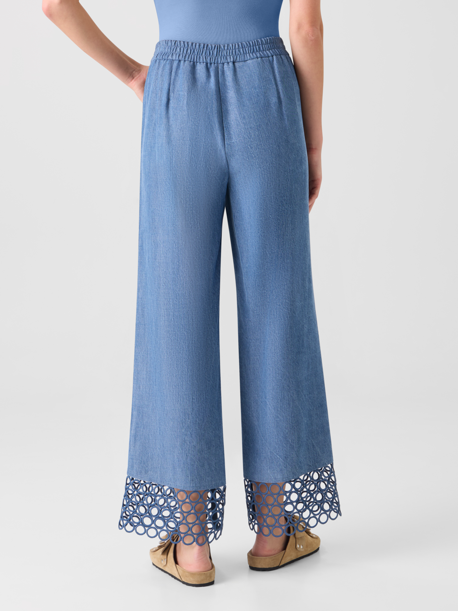 Designer Marlon Cropped Denim Hose mit hoher Taille und Ösen-Guipure - Blau