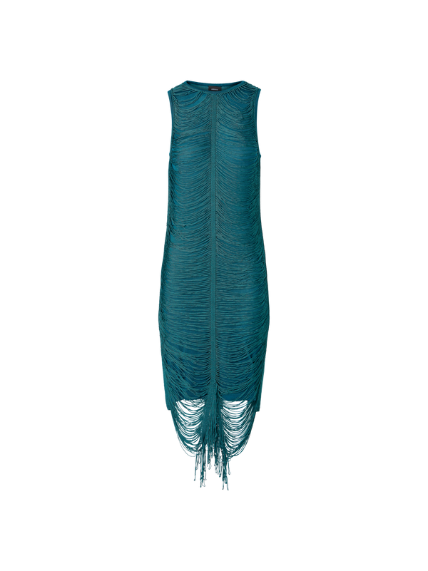 Designer Ärmelloses Strick-Etuikleid aus Seide mit Fransendrapierung - Grün