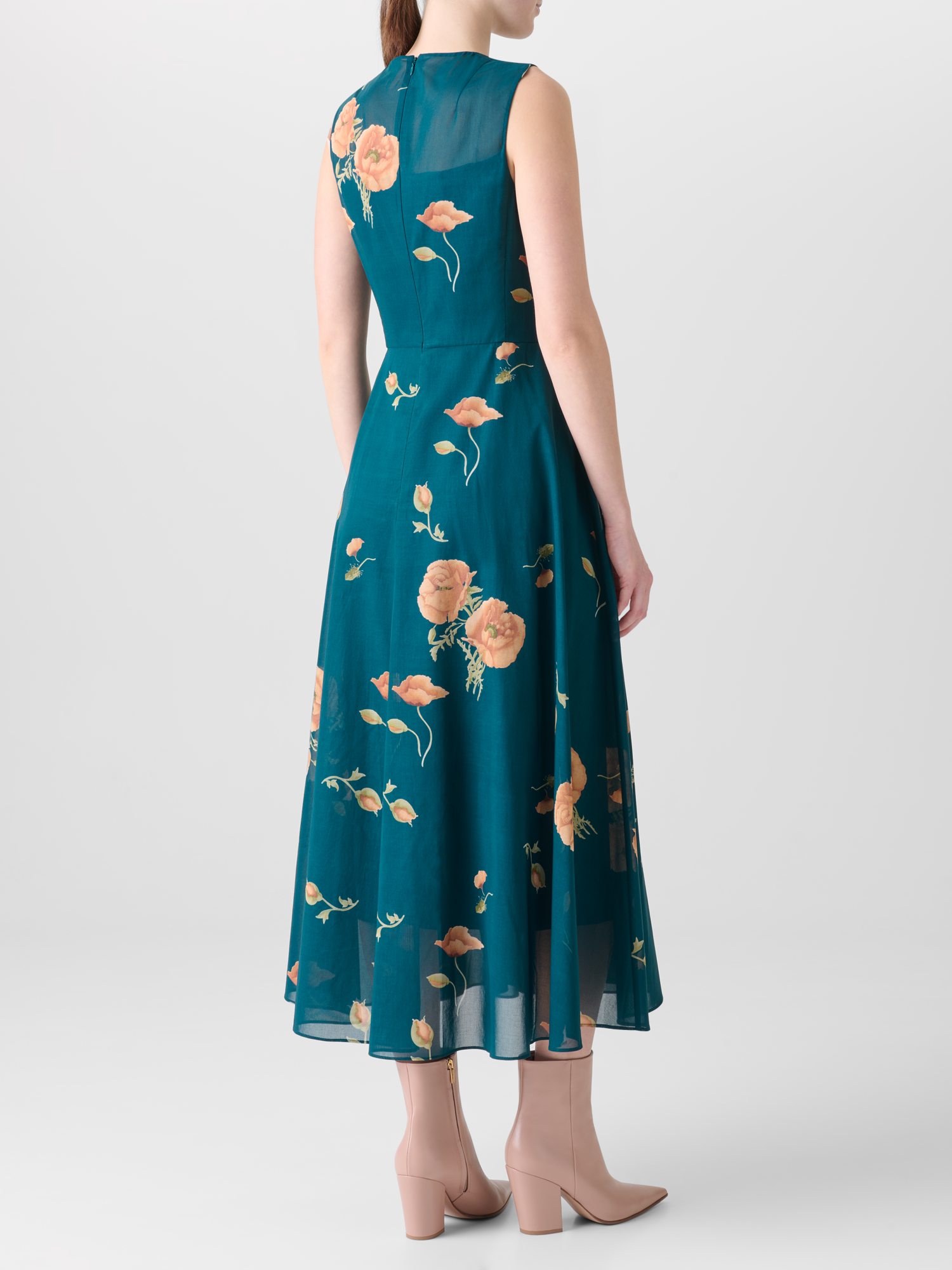 Designer A-Linien Baumwoll-Midikleid mit Anemone Druck - Grün - Bunt