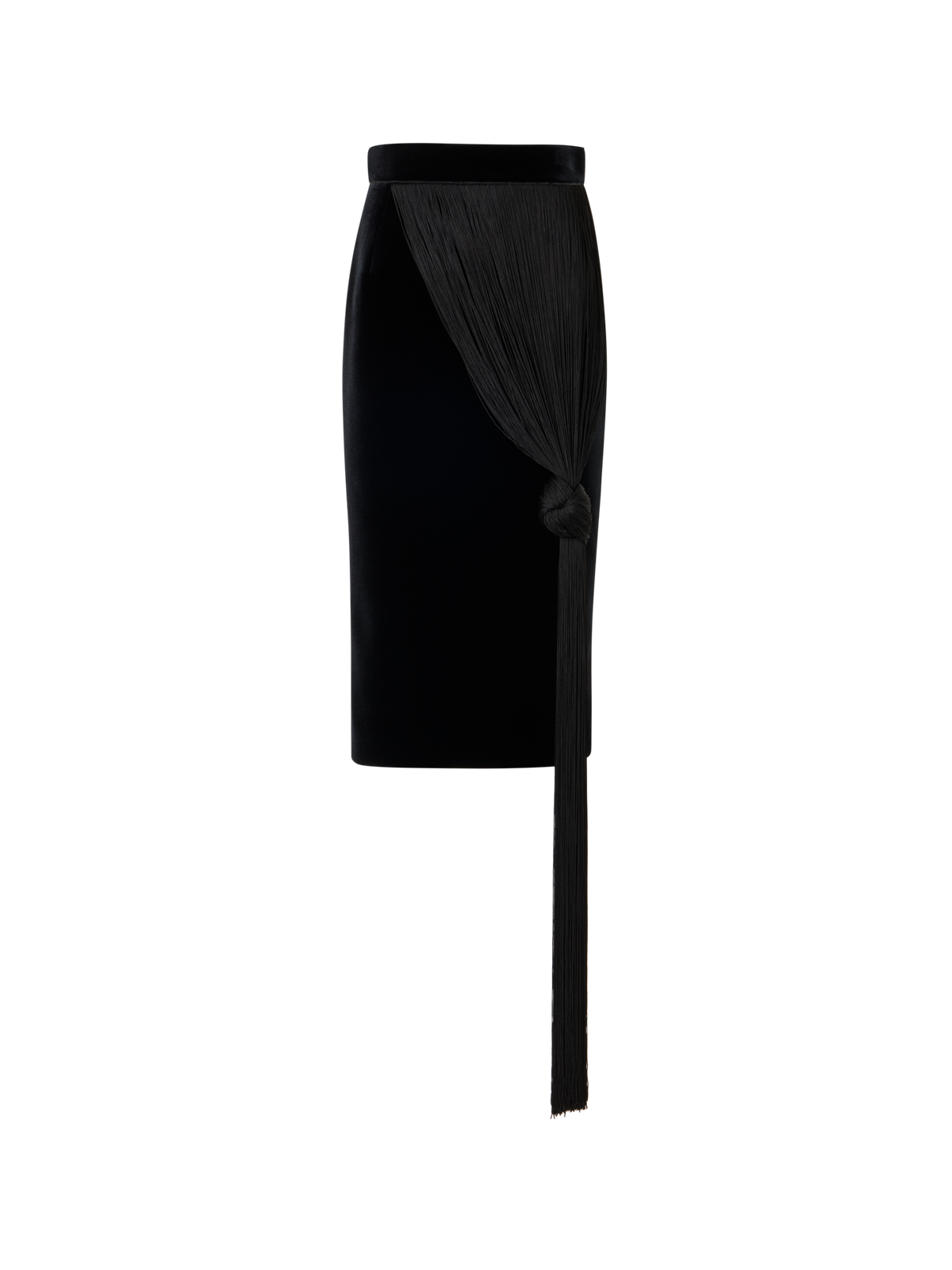 Designer Bleistiftrock aus Samt-Neopren mit The Fringe Knot - Schwarz