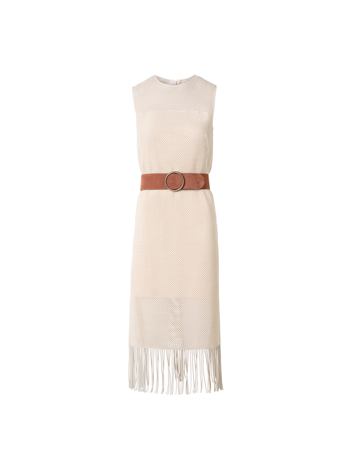 Designer Midi-Netz-Strickkleid mit Fransen - Beige