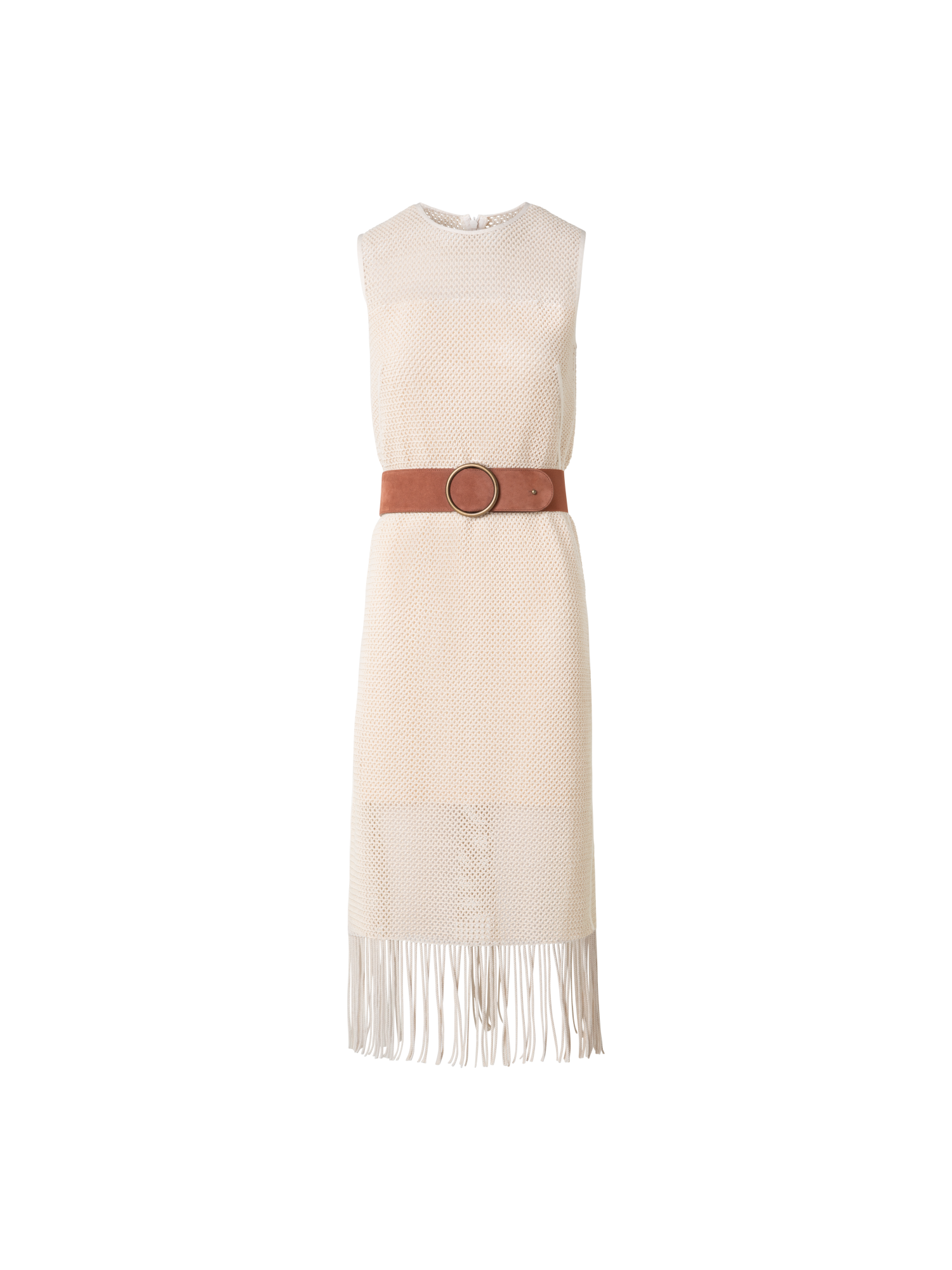 Designer Midi-Netz-Strickkleid mit Fransen - Beige