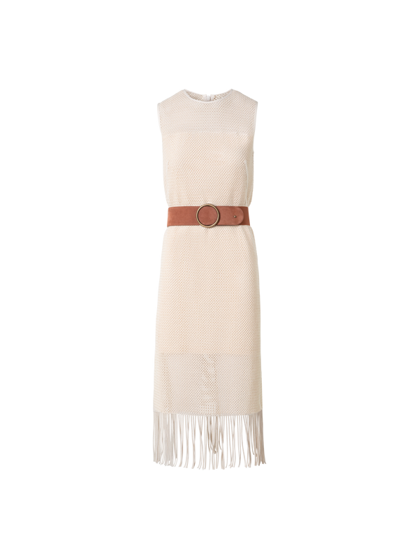 Designer Midi-Netz-Strickkleid mit Fransen - Beige