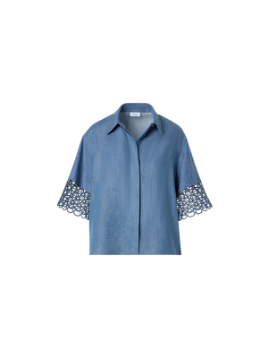 Designer Denim-Bluse mit Ösen-Guipure - Blau
