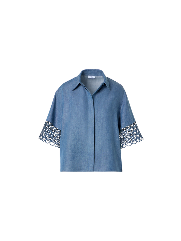 Designer Denim-Bluse mit Ösen-Guipure - Blau