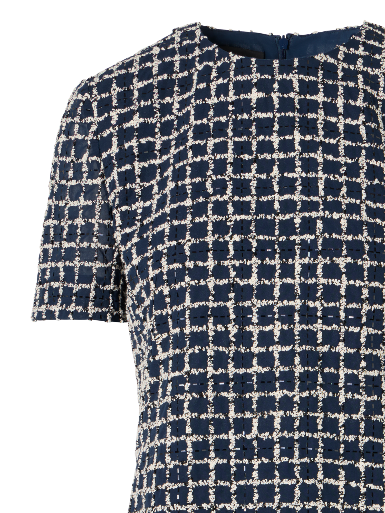 Designer Kurzärmeliges Etuikleid mit Tweed-Check-Stickerei auf Voile - Blau