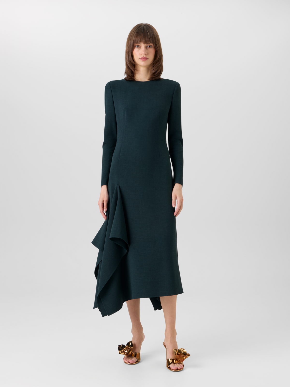 Designer Ausgestelltes Midikleid aus Wolle mit asymmetrischem Rock - Grün 
