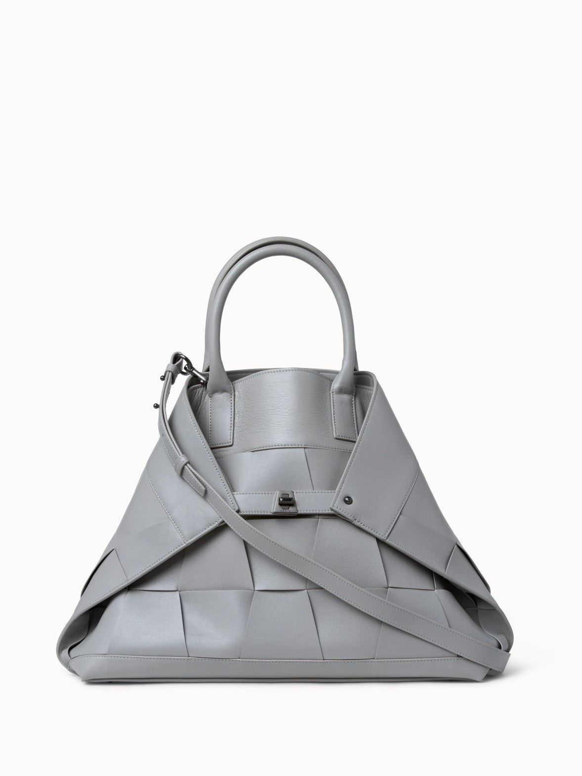 Medium Leather Crossbody Braided Trapezoid Handbag - grey