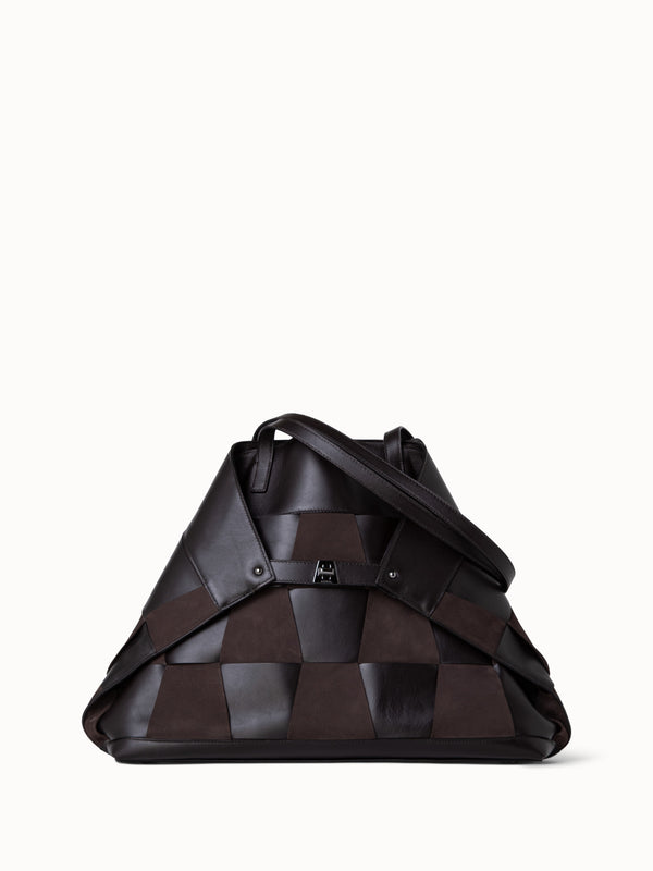 Medium Ai Shoulder Bag in Braided Leather and Nubuck Trapezoids - brown