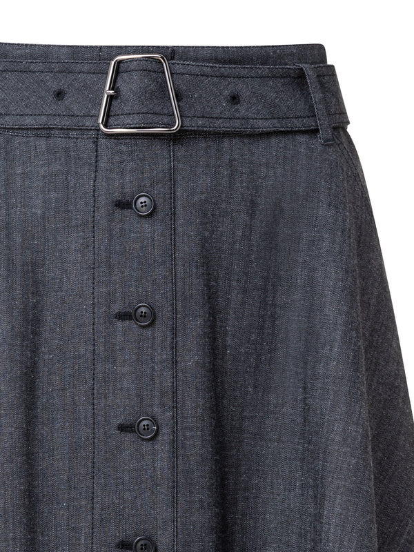 Cotton Denim Full Belted Skirt