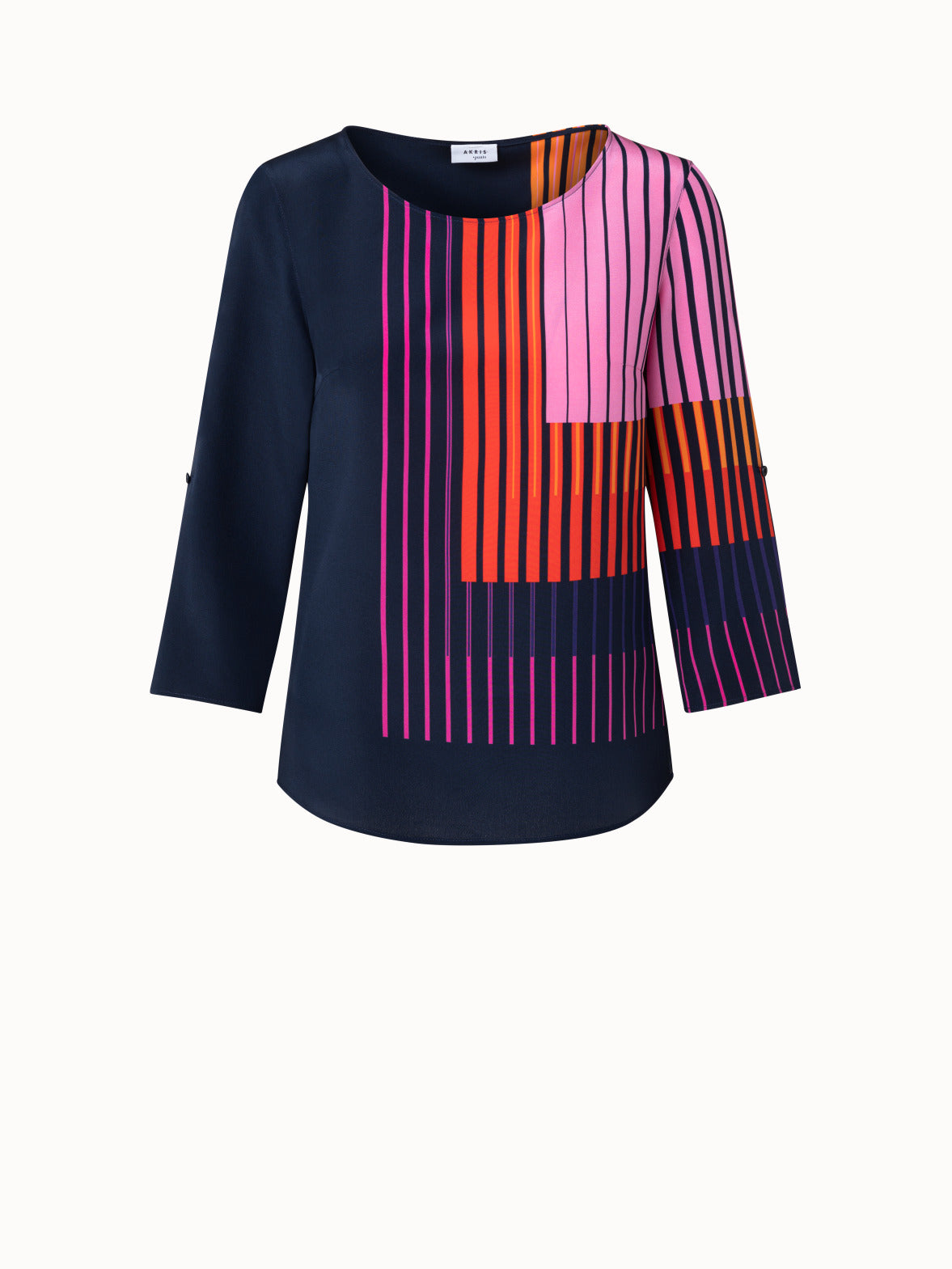 Crêpe de Chine Blouse with Layered Stripe Print - navy - multicolor