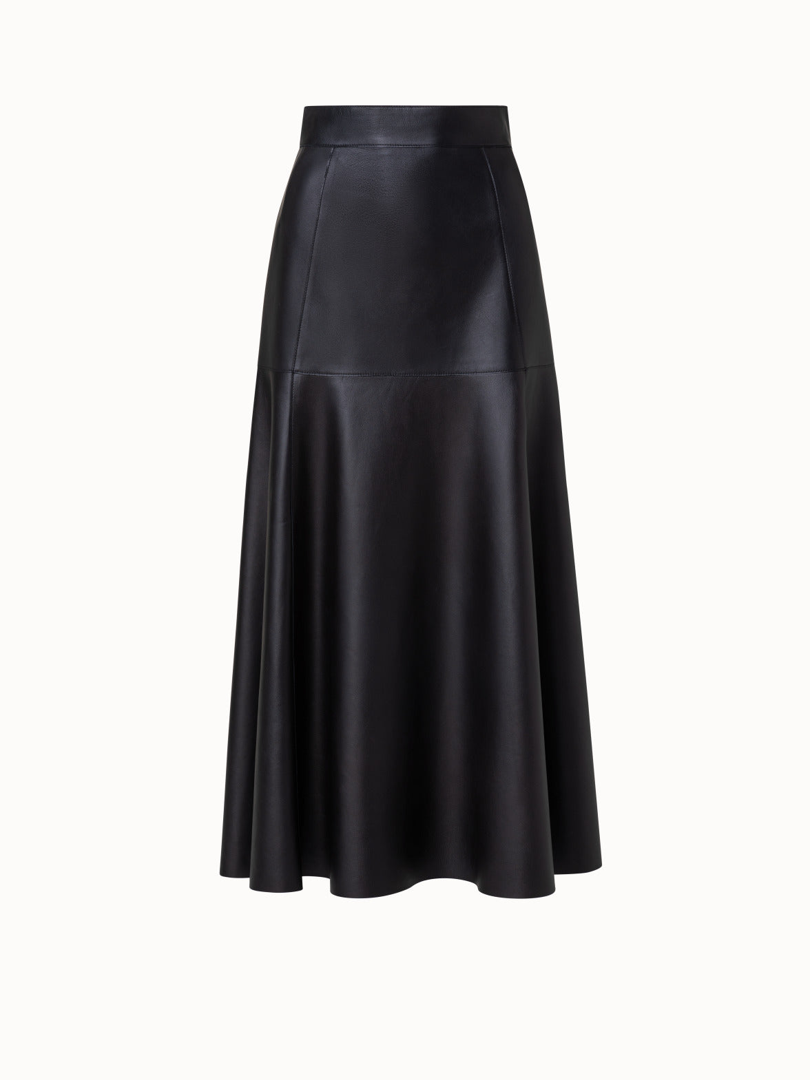 Flared Lambskin Leather Midi Skirt - black